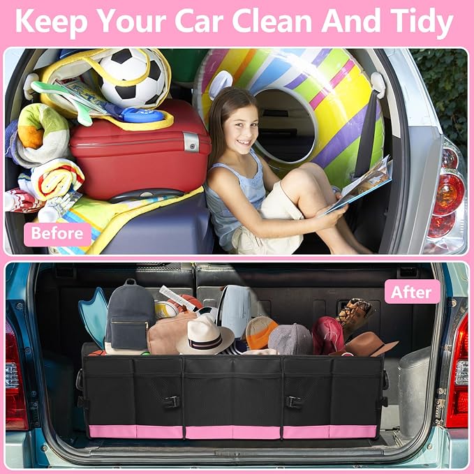 AOPHY Trunk Organizer for Car, 95L Large Capacity Trunk Storage with Non-Slip Bottom Strips, Cargo Organizer for Suv, Truck, Sedan, Waterproof Portable Car Organizers for Women Men(Pink)