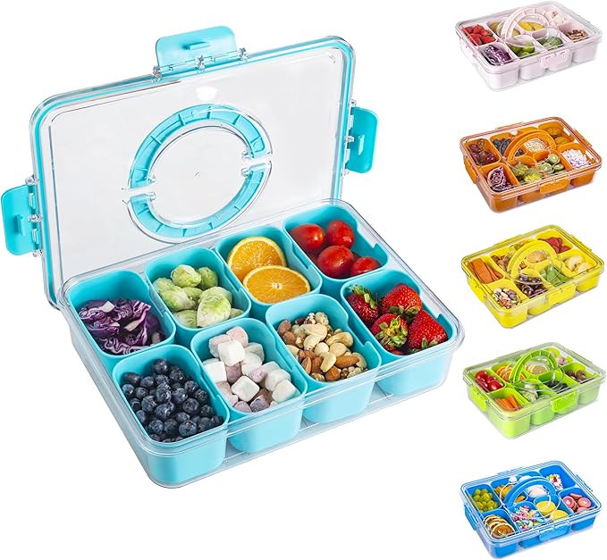 WACOI Divided Snack Serving Tray with Lid and Handle Travel Snackle Charcuterie Container Portable Storage Organizer for Candy, Fruits, Nuts, Snacks, Party, Picnic (1pack, Lake blue)