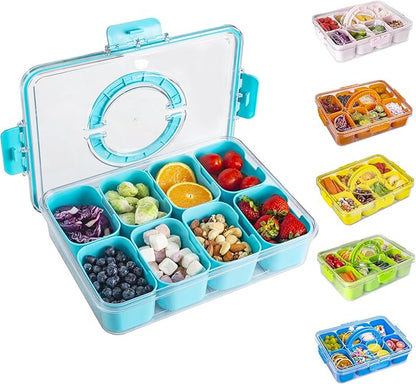 WACOI Divided Snack Serving Tray with Lid and Handle Travel Snackle Charcuterie Container Portable Storage Organizer for Candy, Fruits, Nuts, Snacks, Party, Picnic (1pack, Lake blue)