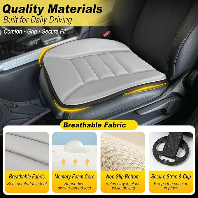 kingphenix 3-Piece Car Seat Cushion Set, 1.2inch Memory Foam Comfort, 2 Front Automotive Seat Cushions + Rear Bench Cushion, Non-Slip Bottom, Fits Sedan SUV Truck Van, Car & Office Chair, Gray