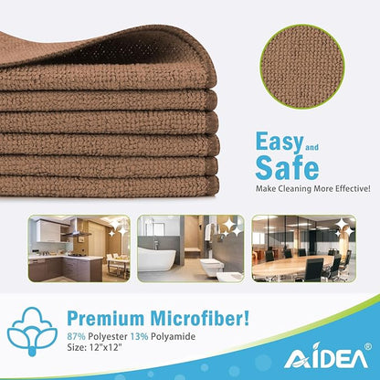 AIDEA Microfiber Cleaning Cloth-12PK, Soft Microfiber Towels for Cars, Absorbent Cleaning Rags, Lint-Free Streak-Free Wash Cloths for House, Kitchen, Window(12in.x12in), Brown