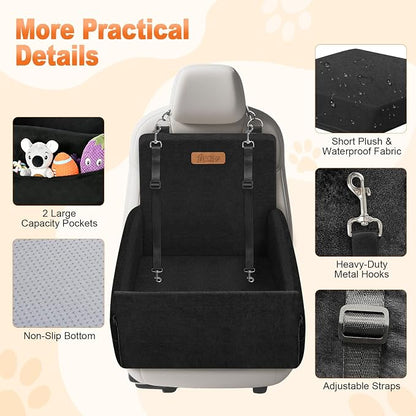 Elevated Dog Car Seat, Dog Booster Car Seats for Small & Medium Breeds Up to 35lbs, Fully Detachable and Washable, Memory Foam Pet Carseat with 2 Storage Pockets & 3 Safety Belts, Black