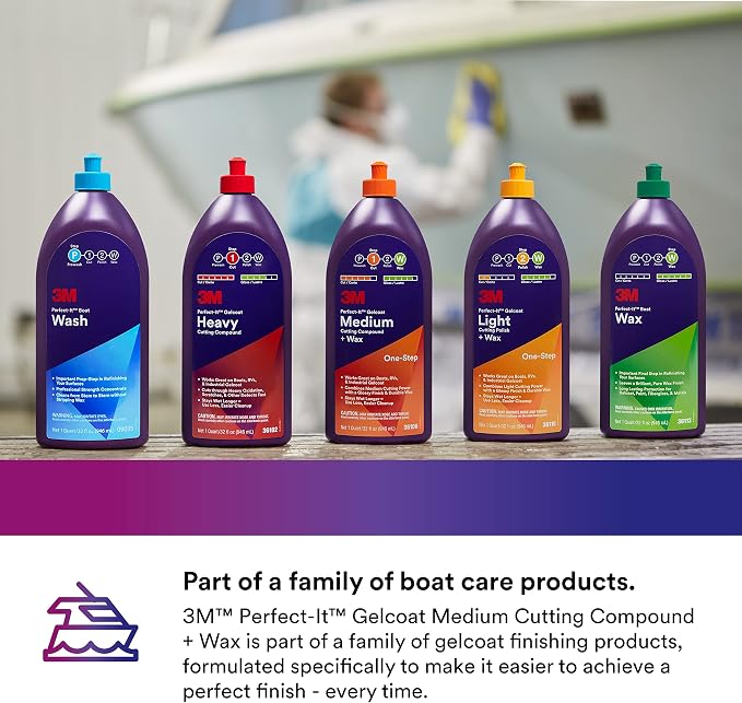 3M Perfect-It Gelcoat Medium Cutting Compound + Wax, 36106, 1 Quart, One-Step Process, P1500 and Finer Scratches, Fiberglass Oxidation Remover for Boats and RVs