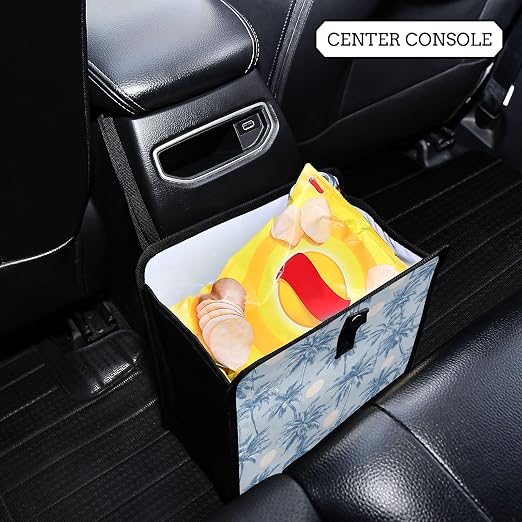 Car Trash Can Organizer Bin with Adjustable Strap for Back Front Seat Console Waterproof Leakproof Collapsible Portable 11 Inch Light Blue Palm Trees and Sun
