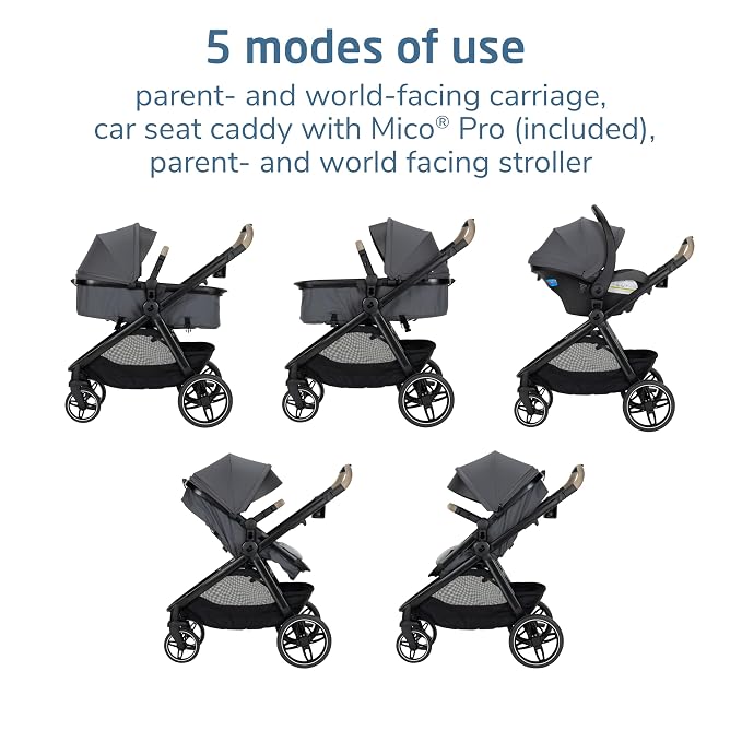 Maxi-Cosi Zelia Pro 5-in-1 Travel System with Mico Pro Infant Car Seat and Baby Stroller Combo, Reversible Seat, Large Wheels, Adjustable Handle, Newborn to Toddler, Lightweight, Sea Salt