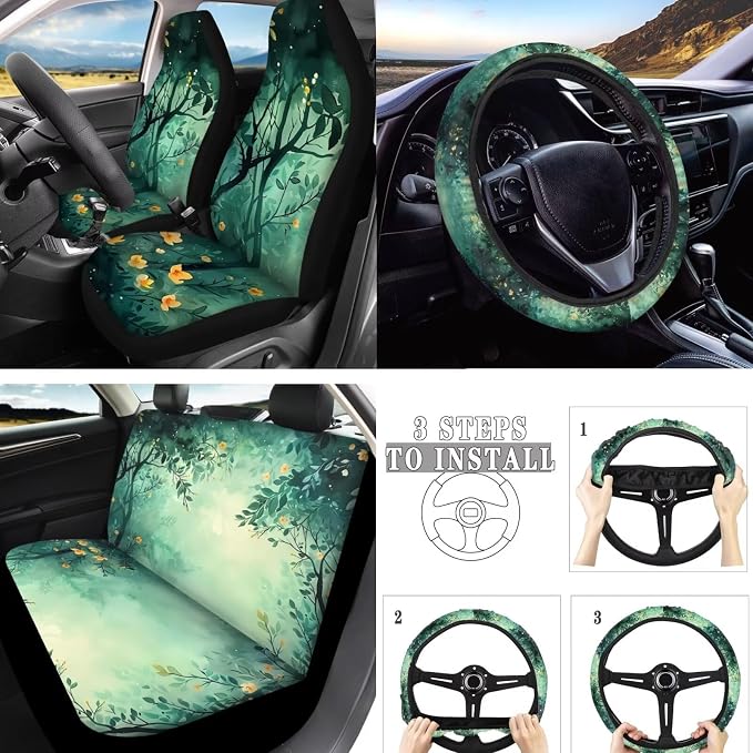 Green Forest 10 Piece Car Accessories Set, Yellow Wildflower Universal Steering Wheel Cover, Watercolor Forest Front Seat and Rear Bench for Truck SUV Sedan, Car Decor