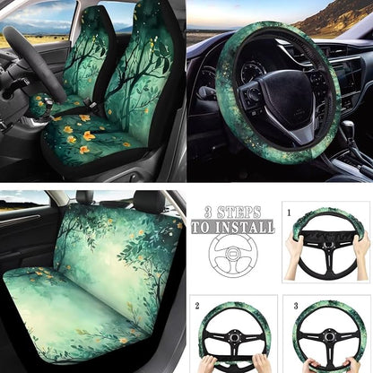 Green Forest 10 Piece Car Accessories Set, Yellow Wildflower Universal Steering Wheel Cover, Watercolor Forest Front Seat and Rear Bench for Truck SUV Sedan, Car Decor