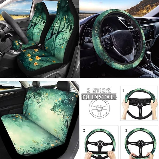 Green Forest 10 Piece Car Accessories Set, Yellow Wildflower Universal Steering Wheel Cover, Watercolor Forest Front Seat and Rear Bench for Truck SUV Sedan, Car Decor