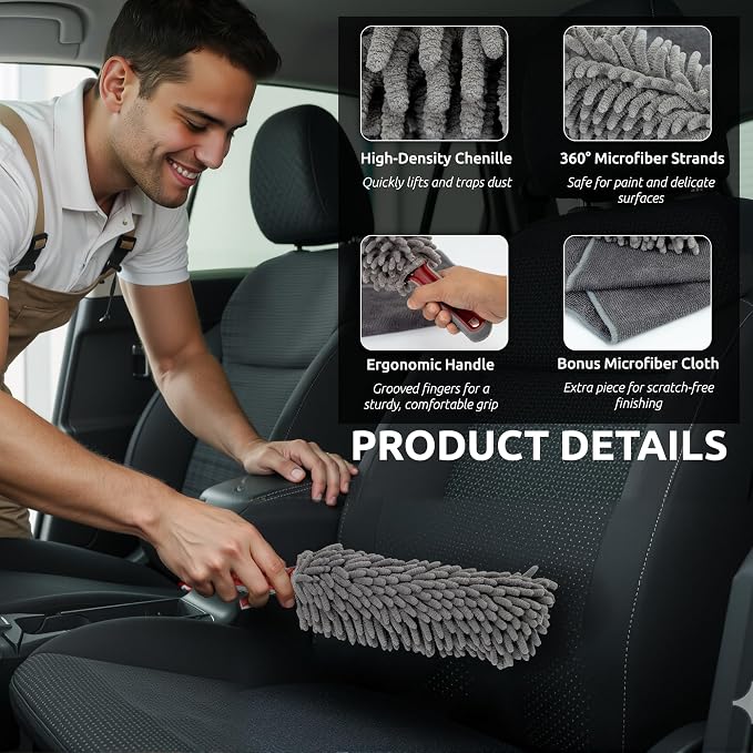 Car Duster Interior by TAKAVU, 360° Microfiber Fingers, Unbreakable Comfort Handle, Lint and Scratch Free, Include Microfiber Towel, for Car & Home Use, The Best Auto Accessories Gray