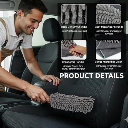 Car Duster Interior by TAKAVU, 360° Microfiber Fingers, Unbreakable Comfort Handle, Lint and Scratch Free, Include Microfiber Towel, for Car & Home Use, The Best Auto Accessories Gray