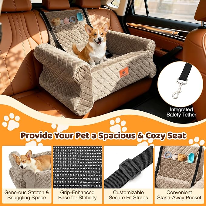 Dog Car Seat for Medium/Large Dogs up to 60 lbs, Memory Foam Dog Booster Seat with Thick Cushion, Pet Car Seat for Back with Detachable Washable Cover, Storage Pockets for SUV, Pick Up, Trunk, Khaki