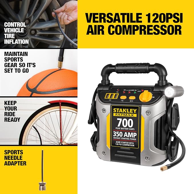 Stanley J7CS 700 Peak Amp Automotive Jump Starter, Portable Power – Triple 15W USB Ports, 120 PSI Air Compressor