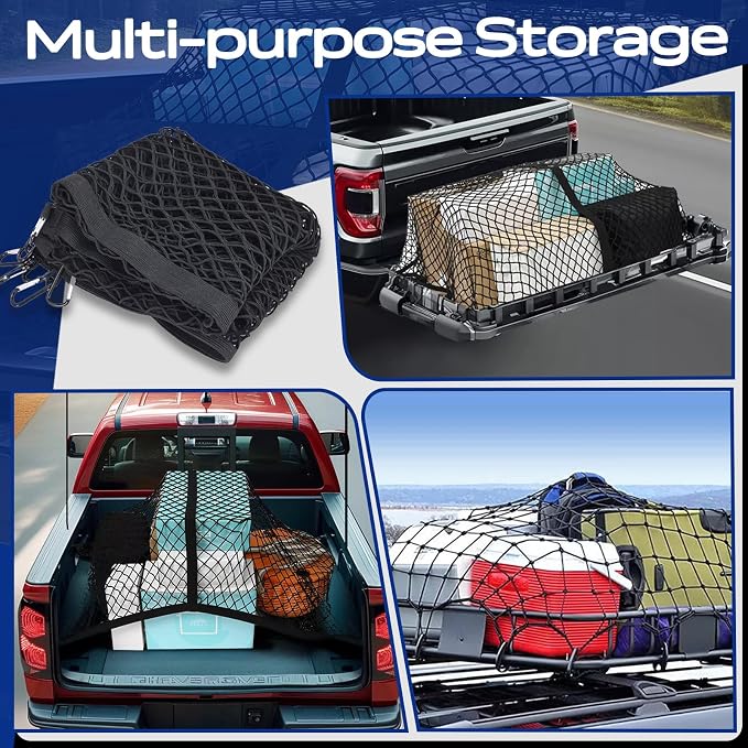 Double Layer Cargo Net for Truck Bed - for SUV/Truck/Pickup, 4'x4' Stretches to 7'x7' Highly Elastic Cargo Net - Trunk Organizer with 8 Hooks & Anti-Slip Clips - Universal Vehicle Storage Net