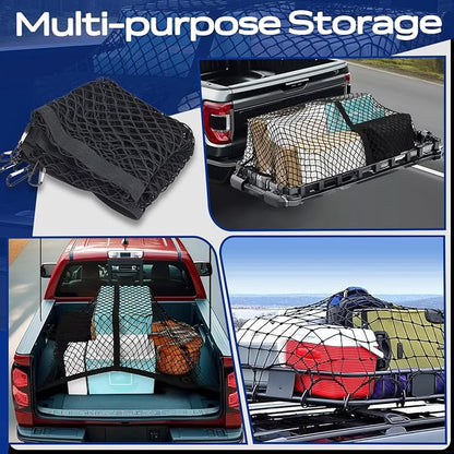 Double Layer Cargo Net for Truck Bed - for SUV/Truck/Pickup, 4'x4' Stretches to 7'x7' Highly Elastic Cargo Net - Trunk Organizer with 8 Hooks & Anti-Slip Clips - Universal Vehicle Storage Net