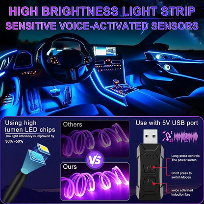 LivTee Smart Car LED Interior Lights with USB Port, LED Strip Fiber Optic Lights, Wireless App and Remote Control, Sync to Music, Car Accessories Gifts for Women and Men, 6 in 1