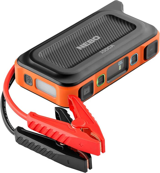 NEBO 1500A Jump Starter | 1500 Peak Amp Car Jump Starter, 29.9Wh Portable Battery Booster Pack for 12V Vehicles, Spark-Proof, USB-C Power Bank, Rechargeable, LED Emergency Light, 3-in-1 Roadside Kit