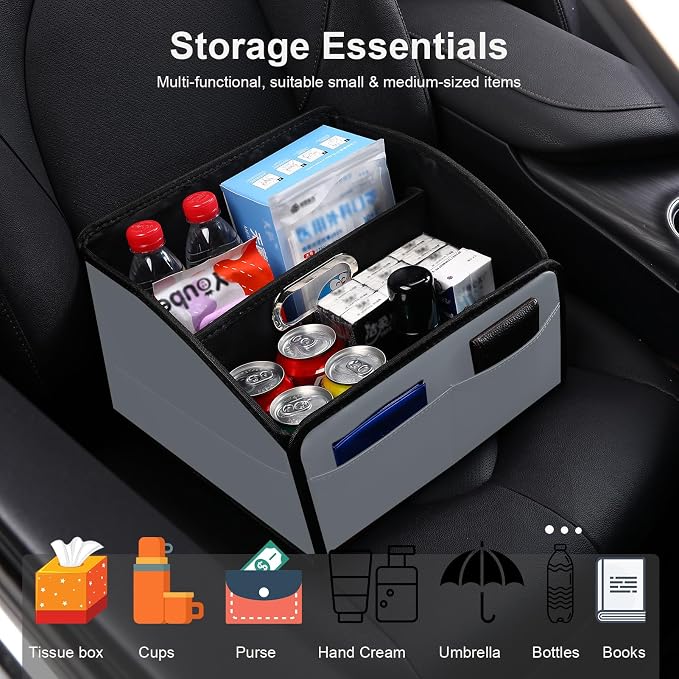 Car Storage Organizer [2025 UPDATED] Leather Car Caddy Basket for Front Seat Floor Back Seats Metal Handle 6 Compartments Adjustable Strap Buckles Slip-Resistant (Gray)