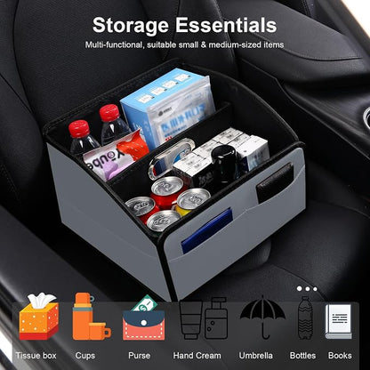 Car Storage Organizer [2025 UPDATED] Leather Car Caddy Basket for Front Seat Floor Back Seats Metal Handle 6 Compartments Adjustable Strap Buckles Slip-Resistant (Gray)