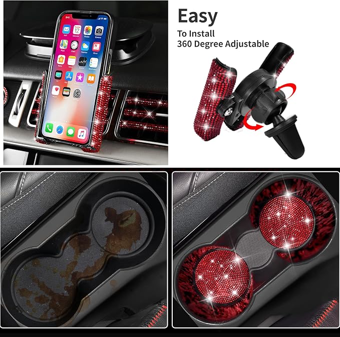 CAR PASS 23 PCS Bling Diamond Car Accessories Set for Women, Leather Car Seat Covers Full Set Sparkly Rhinestone15'' Steering Wheel Covers Shining Diamond Car Floor Mats Cute Car Interior Sets, Red