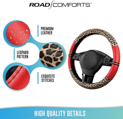 Road Comforts Leopard Steering Wheel Cover for Women, Cute Anti-Slip Microfiber Leather, Universal Fit 14.5-15 Inch Round Steering Wheel - Red