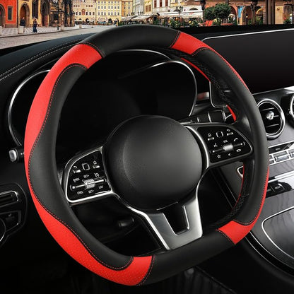 Microfiber Leather D Shaped Steering Wheel Cover, Breathable, Anti Slip, Universal 15 inch, Black with Red