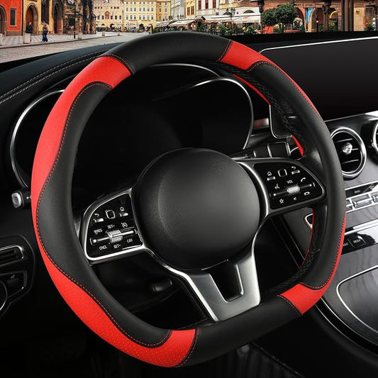 Microfiber Leather D Shaped Steering Wheel Cover, Breathable, Anti Slip, Universal 15 inch, Black with Red