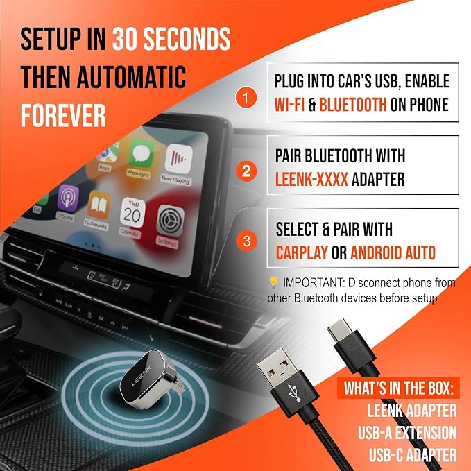 LEENK Wireless CarPlay & Android Auto Adapter [2025 Upgrade], Aero-Aluminum Body & 2.5D Glass | Sleek Plug & Play | Dual-Band 5GHz | 98% Compatibility with Wired CarPlay & Android Auto (Black)