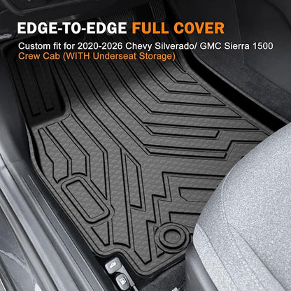 KUST Floor Mats for 2020-2026 Chevy Silverado/GMC Sierra 1500/2500HD/3500HD Crew Cab with Rear Underseat Storage Box, Front Bucket, All Weather Car Mats for Silverado Accessories TPE Rubber