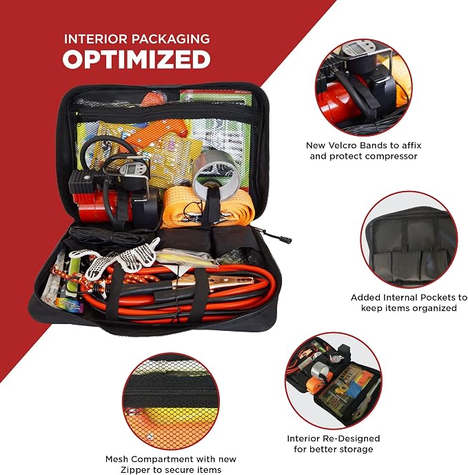 BLIKZONE Red Car Emergency Kit for Vehicles Road Trip, with All the Essentials as Flat Tire Repair, Jumper Cables, Digital Air Compressor, Multitool and All the Car Safety Accessories
