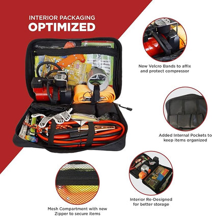 BLIKZONE Red Car Emergency Kit for Vehicles Road Trip, with All the Essentials as Flat Tire Repair, Jumper Cables, Digital Air Compressor, Multitool and All the Car Safety Accessories