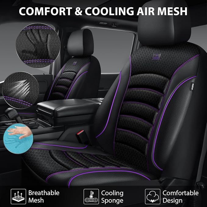 CAR PASS Comfortable 3D Foam Mesh Leather Car Seat Covers Front, Air Cool Mesh Breathable Front Seat Covers for Car, Universal for SUV Truck Sedan Automotive, Airbag Compatible,Black Purple