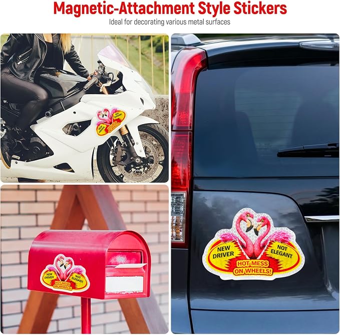 3 Pcs Reflective Student Driver Magnet and Stickers Set - Funny Animal New Driver Safety Signs for Car, Waterproof & Weatherproof High Visibility Vehicle Bumper Decals, Magnet + Stickers (Flamingo)