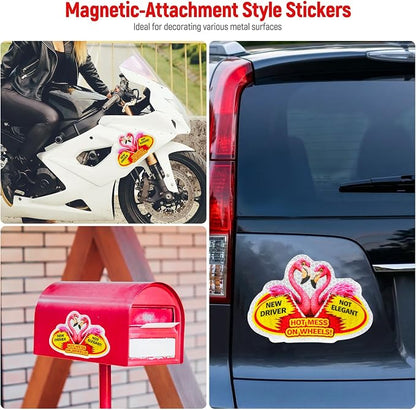 3 Pcs Reflective Student Driver Magnet and Stickers Set - Funny Animal New Driver Safety Signs for Car, Waterproof & Weatherproof High Visibility Vehicle Bumper Decals, Magnet + Stickers (Flamingo)