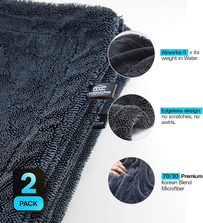 Crystal Clean 2-Pack 1300GSM Microfiber Towels for Cars – XL (24 x 36 inch) Car Drying Towel with Double Twisted Loop, Detailing Towels for Cars - Quick Dry, Paint Safe & Swirl-Free