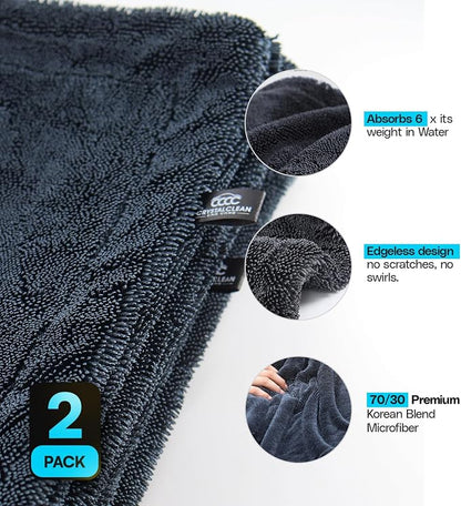 Crystal Clean 2-Pack 1300GSM Microfiber Towels for Cars – XL (24 x 36 inch) Car Drying Towel with Double Twisted Loop, Detailing Towels for Cars - Quick Dry, Paint Safe & Swirl-Free