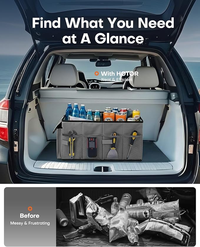 HOTOR Trunk Organizer for Car - Car Organizer, Foldable Trunk organizer for SUVs & Sedans, Sturdy Organization for Car Accessories, Tools, Sundries, Grey, 2 Compartments, 23.6"×14.2"×10.6"