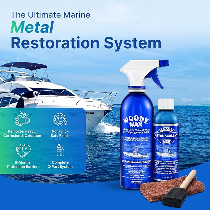 Woody Wax Tower Treatment & Metal Restoration Kit, Professional Boat & Marine Corrosion Blocker, High-Gloss Sealant for Aluminum, Steel & Outriggers, Restores Pitted Metal & Protects for 6 Months