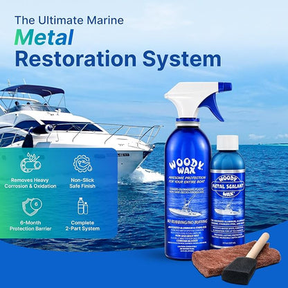 Woody Wax Tower Treatment & Metal Restoration Kit, Professional Boat & Marine Corrosion Blocker, High-Gloss Sealant for Aluminum, Steel & Outriggers, Restores Pitted Metal & Protects for 6 Months