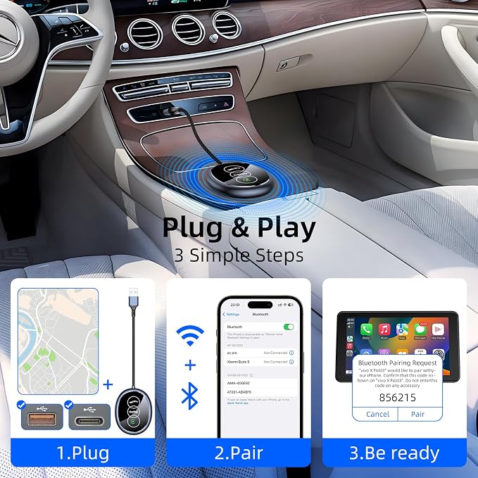 Wireless Carplay Adapter for iPhone Apple, 2026 Mini CarPlay Dongle, Plug & Play, No Delay, Convert Wired to Wireless Bluetooth Apple Carplay, with USB&USB-C, for iOS 10+ and 2016+ Cars,Silver