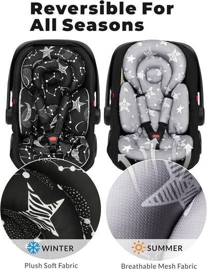 Tinlyfinly Infant Car Seat Insert with Removable Cushion for Preemie to Toddler, Reversible Newborn Carseat Insert for Baby Head Body Support, Fits for Stroller, Baby Swing, Bouncer (Black Star)