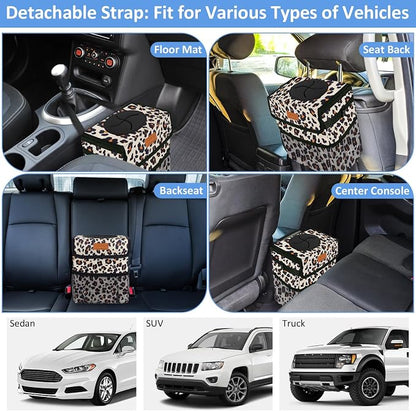 ELONGRIVER Car Trash Can Bin for Back Seat Leak Proof, Cute Car Trash Bag Hanging, Vehicle Trash Can for SUV Truck Van, Automotive Garbage Cans Front Seat Leopard Print