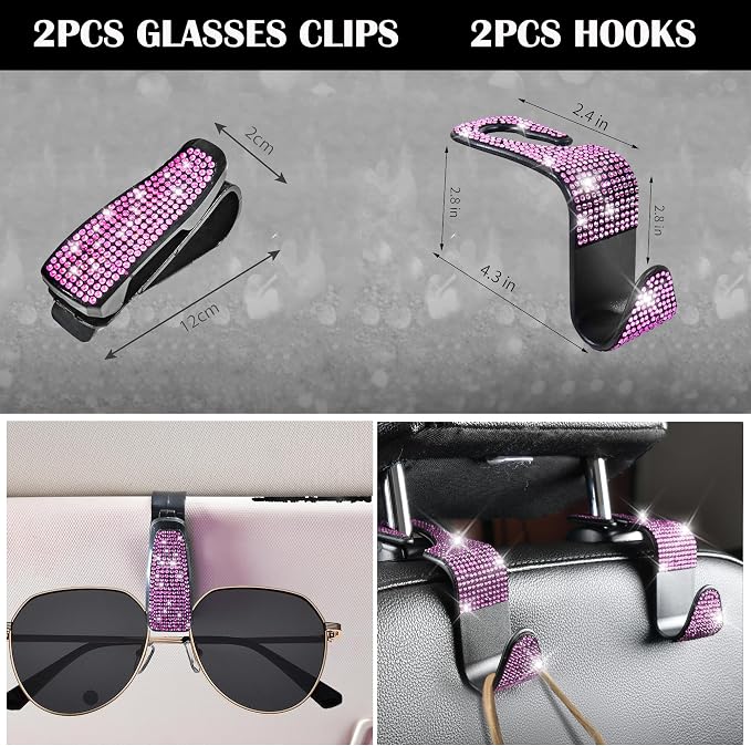 CAR PASS 11 PCS Bling Diamond Car Accessories Set for Women, Sparkly Rhinestone Steering Wheel Cover, Bling Seat Belt Cushion, Shift Knob Cover, Push Start Button Ring, Cup Holder Coaster, Black Pink