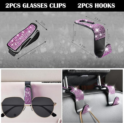 CAR PASS 11 PCS Bling Diamond Car Accessories Set for Women, Sparkly Rhinestone Steering Wheel Cover, Bling Seat Belt Cushion, Shift Knob Cover, Push Start Button Ring, Cup Holder Coaster, Black Pink