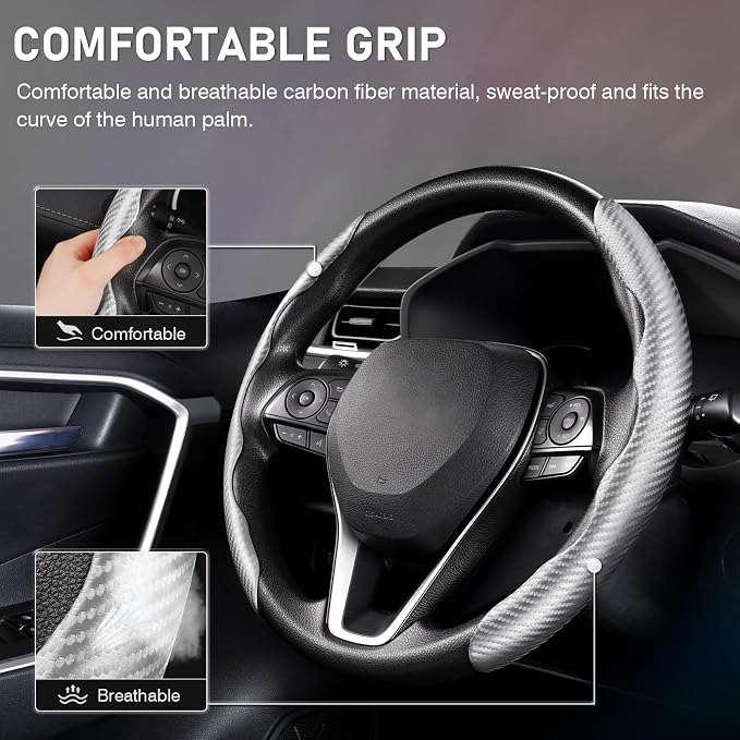 Cartist Steering Wheel Cover, Carbon Fiber Steering Wheel Cover Men/Women, Anti-Slip, Heat Resistant, Durable, Universal for 99% Car Interior Accessories (Silver)