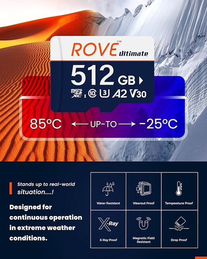 ROVE Ultimate Micro SD Card microSDXC 512GB Memory Card with USB 3.2 Type C Card Reader 512GB 170MB/s C10, U3, V30, 4K, A2 for Dash Cam, Android Smart Phones, Tablets, Games