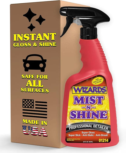 Wizards Mist-N-Shine Professional Car Detailing Spray - Quick Detailer Spray for Cars, Show-Car Gloss, Streak-Free Finish on Paint, Chrome, Glass and Plastic Trim, Wax-Free Formula - 22 oz