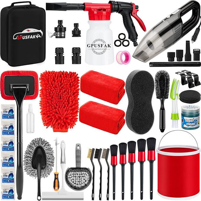46Pcs Car Wash Cleaning Kit with Foam Gun Sprayer Detailing Brushes Car Vacuum Collapsible Bucket Windshield Cleaning Tool Tire Brush Towels Complete Interior Exterior Detailing Set for Car