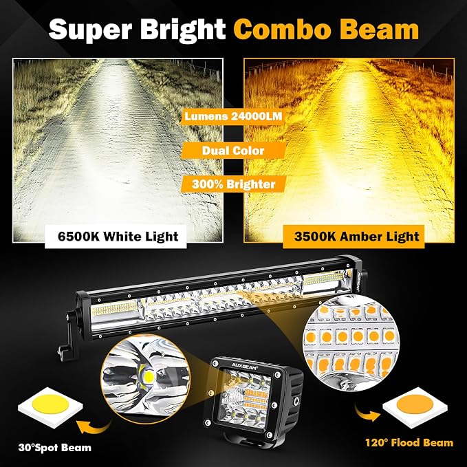 Auxbeam 22 Inch 120W LED Light Bar 2PCS 3 Inch 96W LED Pods, Amber White Fog Light 6 Modes Strobe Lights for Work Truck, Spot Flood Combo Off Road Driving Lights for Jeep ATV Utv Auto