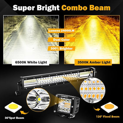 Auxbeam 22 Inch 120W LED Light Bar 2PCS 3 Inch 96W LED Pods, Amber White Fog Light 6 Modes Strobe Lights for Work Truck, Spot Flood Combo Off Road Driving Lights for Jeep ATV Utv Auto