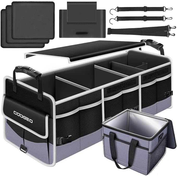 Car Trunk Organizer with Portable Leak Proof Cooler Bag, 3 Compartments Collapsible Car Organizers and Storage with Foldable Cover, Fathers Day Dad Gifts, Suitable for SUV, Auto, Truck, Minivan